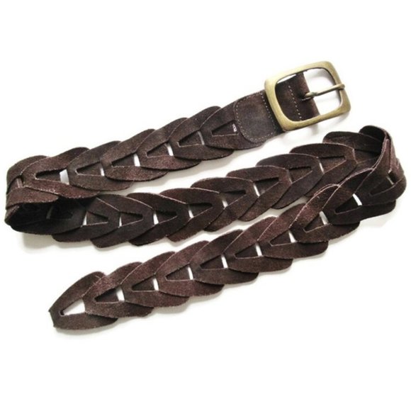 vintage Accessories - Vintage Dark Brown Belt Braided Suede Interlocking Links Unisex Leather S / M